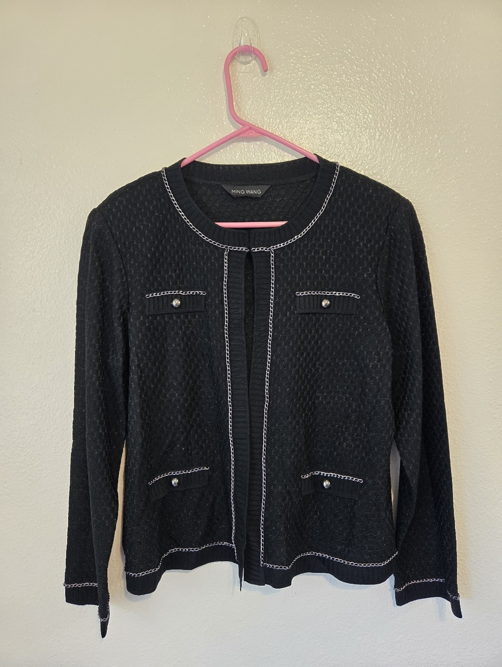 Ming Wang Jacket Womens Medium Blazer Chain Trim Detail Neutral Office Classic